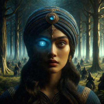 The primary subject of the image is a woman wearing a blue hat and a blue dress. She is standing in a forest, surrounded by trees. The setting is a natural environment with a serene atmosphere. The visual style of the image is a digital art or illustration, as it appears to be a painting or drawing of a woman in a forest. The colors and mood of the image are predominantly blue, creating a calm and peaceful ambiance.